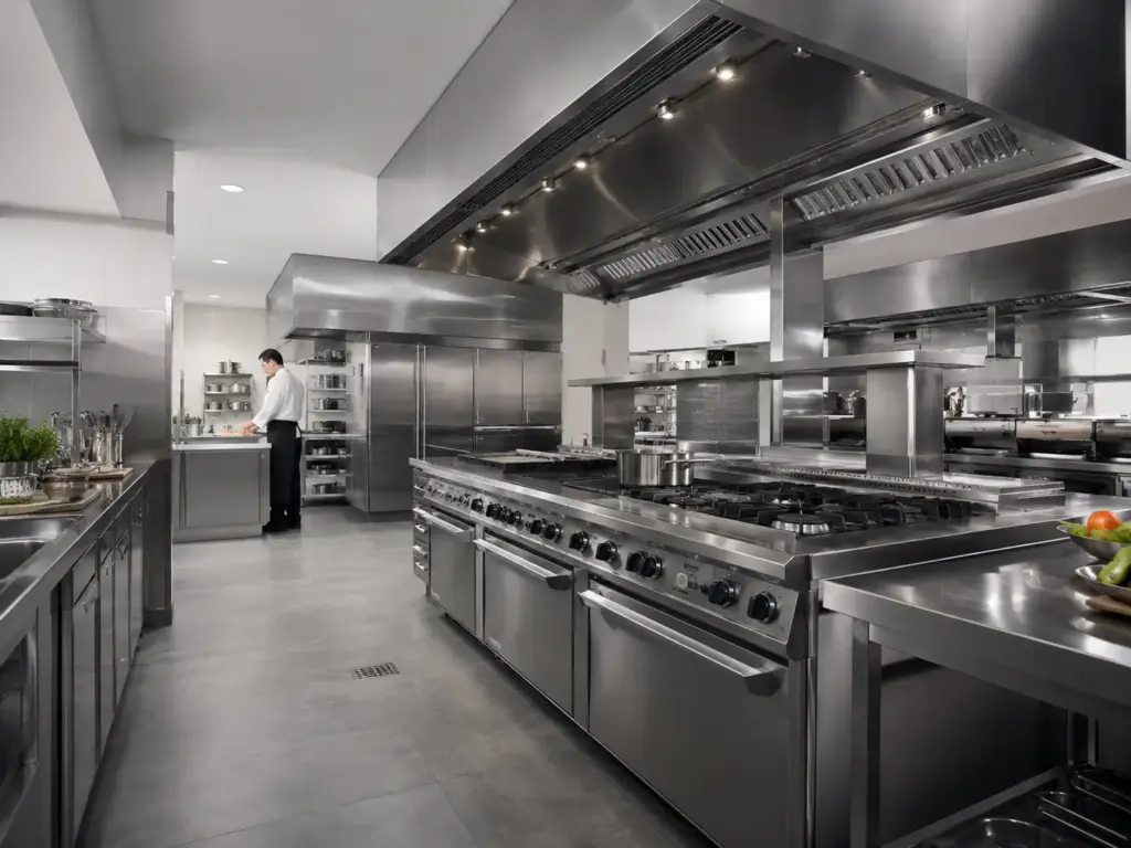 Cocina comercial moderna equipada con acero inoxidable, estufa industrial y campana de extracción para restaurantes y food service