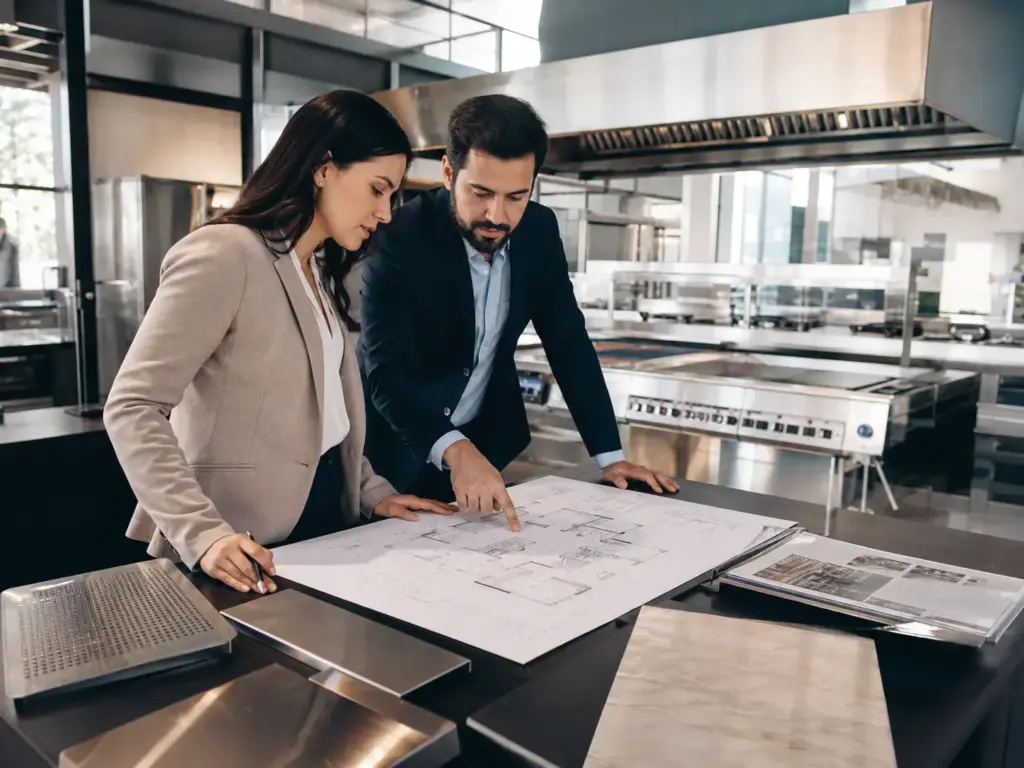 Especialistas revisando planos técnicos para el diseño de una cocina industrial profesional