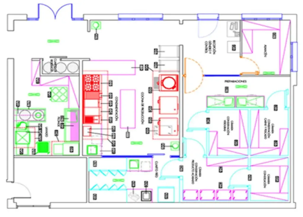 Plano técnico de distribución para diseño de cocina industrial profesional